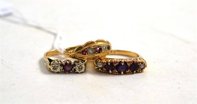 Lot 74 - A 9ct gold ruby and diamond ring, an amethyst and pearl ring (a.f.), and a ruby and diamond...