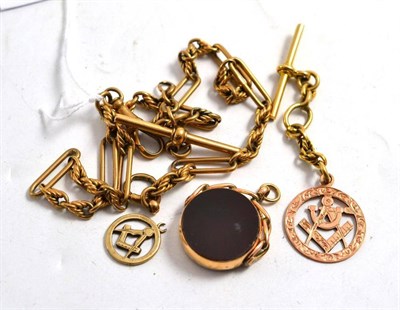 Lot 77 - A 9ct gold albert chain, two Masonic fobs and a swivel fob