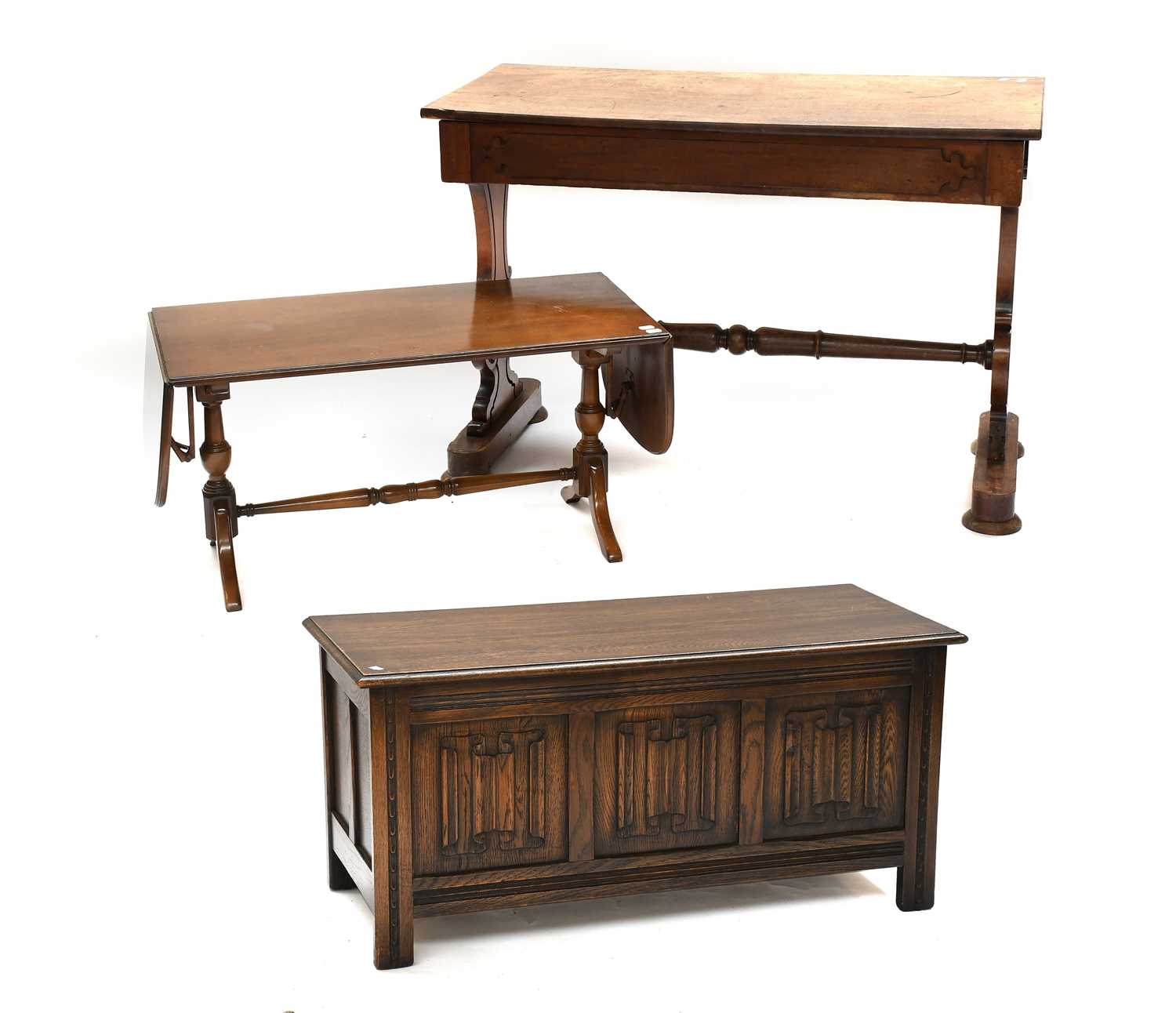 Lot 1354 - A Reproduction Oak Three Panel Linenfold...