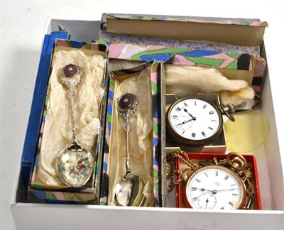 Lot 98 - Two silver cased pocket watches, a gold plated watch, an albertina, spoons, etc