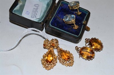 Lot 100 - A pair of 9ct gold citrine drop earrings, a pair of drop earrings and a pair of screw-on earrings