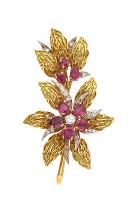 Lot 2304 - An 18 Carat Gold Ruby and Diamond Floral Spray...