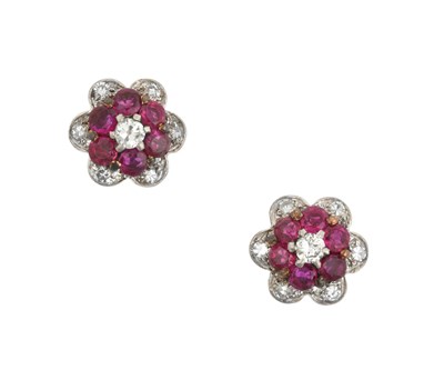 Lot 2429 - A Pair of Ruby and Diamond Cluster Earrings...
