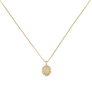 Lot 2042 - An Opal and Diamond Pendant on Chain the oval...