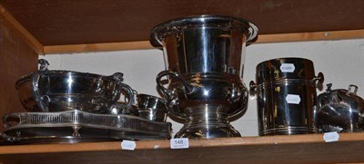 Lot 148 - A large quantity of electroplated wares including entree dish, tea sets, tankards etc on two...