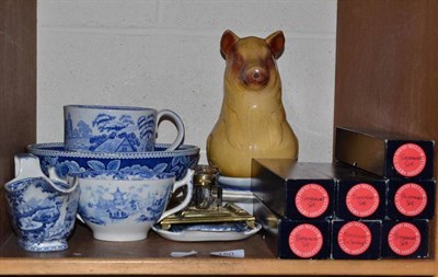 Lot 150 - A large blue and white transfer decorated mug, plates, a brass inkwell, novelty pig jug and a...