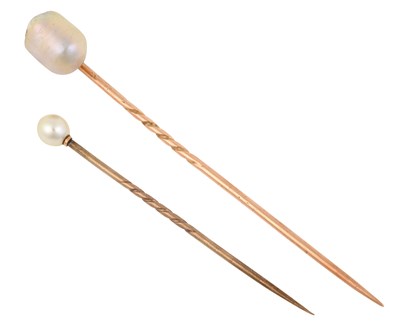 Lot 2449 - Two Pearl Stick Pins one of rectangular shape,...