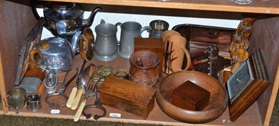 Lot 162 - Two shelves of ornamental items including treen, plated ware, pewter mugs, fur stole, copper...