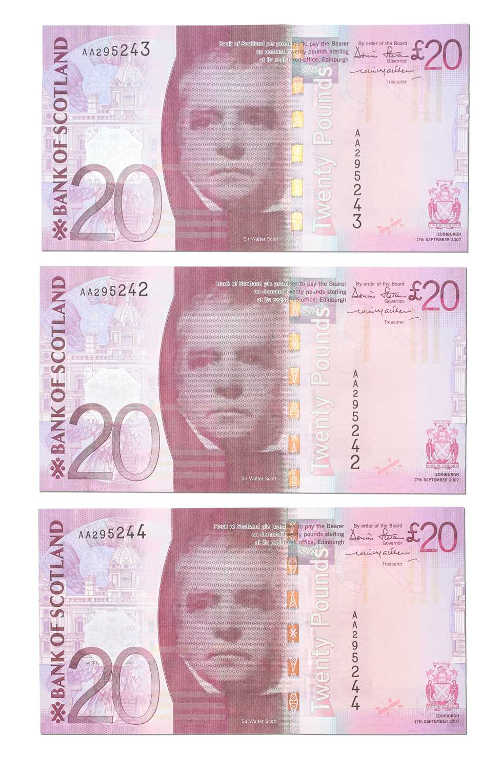 Lot 355 - 3x Bank of Scotland, Twenty Pounds, AA first...