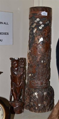 Lot 171 - A Japanese relief carved bamboo large vase (a.f.) and a wire-inlaid figure