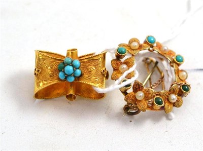 Lot 183 - A turquoise and seed pearl brooch and a turquoise set spacer far pearls (converted to a brooch)