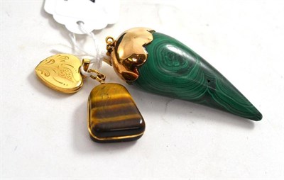 Lot 187 - A tigers eye polished pebble pendant, a claw shaped malachite pendant and a heart shaped locket