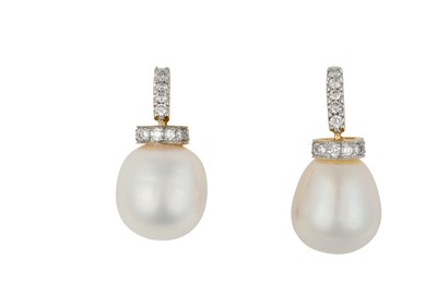 Lot 2105 - A Pair of Cultured Pearl and Diamond Drop...