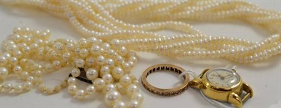 Lot 213 - A five strand twist necklace of button pearls, a gold plated Omega watch, an eternity ring and...