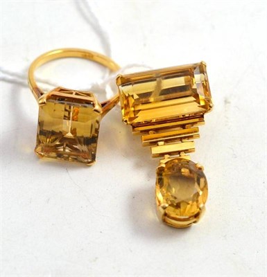 Lot 217 - A 9ct gold two stone citrine brooch and a citrine ring, stamped '18CT'