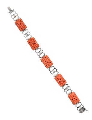 Lot 2362 - A Coral Bracelet five carved coral plaques...