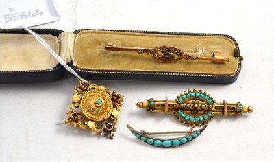 Lot 224 - Two bar brooches, a crescent brooch and a cruciform brooch