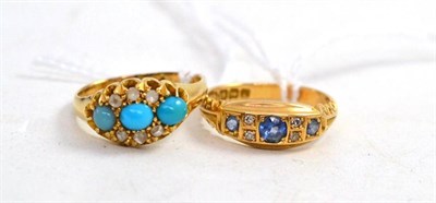 Lot 225 - An 18ct gold sapphire and diamond ring and a turquoise cluster ring