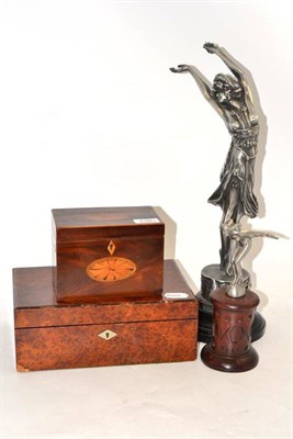 Lot 239 - 19th century two division tea caddy an amboyna work box and two aluminium figures