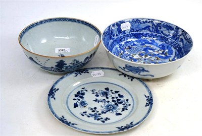 Lot 243 - Chinese blue and white bowl, plate and Japanese drainer