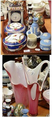 Lot 245 - Three pink and white paste glass vases/comport and a tray of Wedgwood blue Jasperware and blue...