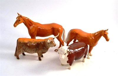 Lot 247 - Two Beswick palomino horses, Beswick Hereford bull and a Beswick long horn cow