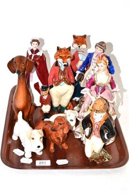 Lot 251 - A Royal Worcester figure of Queen Elizabeth, two Rye foxes and a hare, Royal Doulton fox, four...