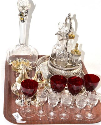 Lot 256 - Rose decorated pottery wash set, plated cruet stand, plated flatware, glassware etc