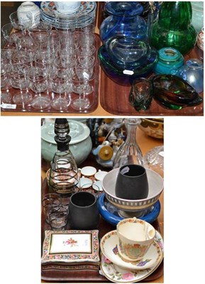 Lot 265 - Three trays of art glass, suite of glasses etched 'W' and a Raku dish