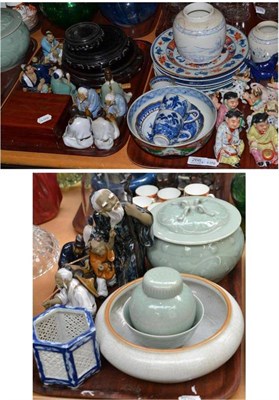 Lot 266 - Quantity of Chinese and Japanese porcelain, including figures, bowl and plates (on three trays) and