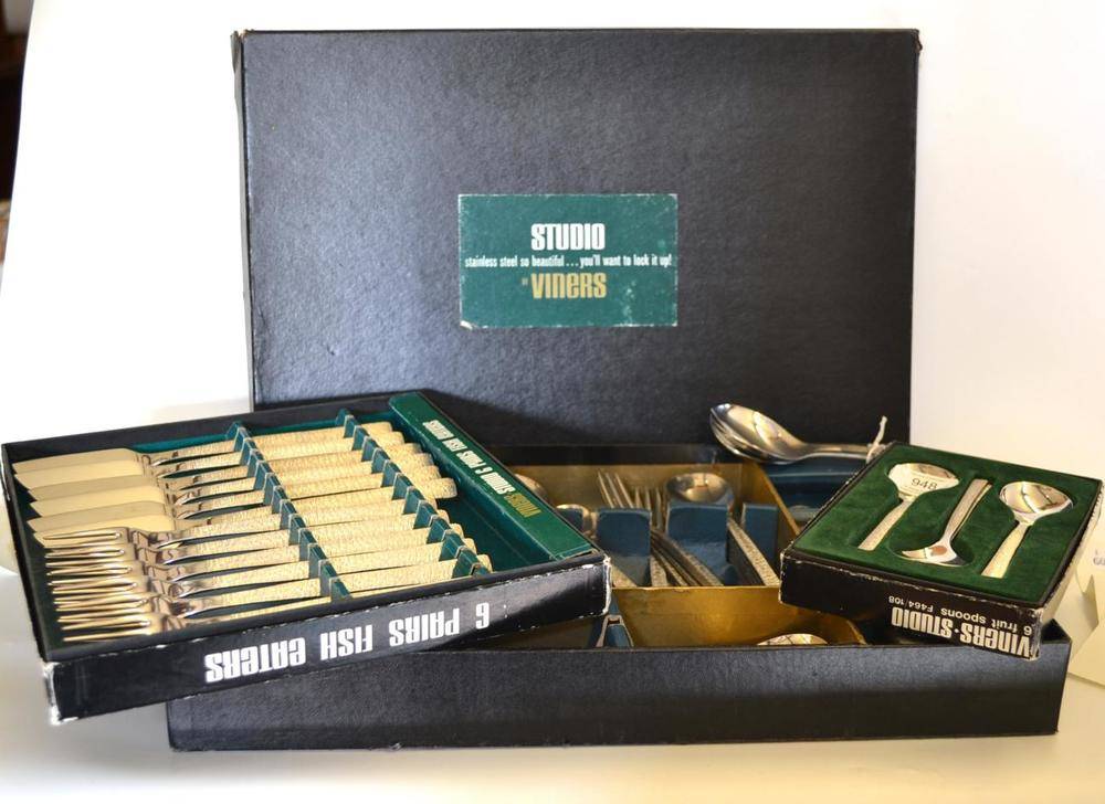 Lot 948 - Gerald Benney (1930-2008): A Viners Studio Canteen of Stainless Steel Cutlery, comprising six table