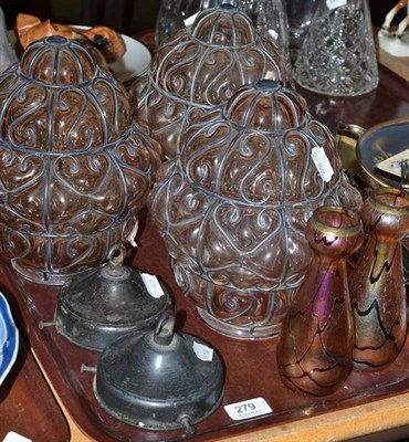 Lot 279 - Three glass hall lamp shades, two fittings and two Continental iridescent glass vases