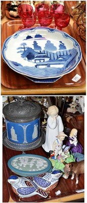 Lot 280 - Two trays including a Japanese dish, Jasperware biscuit barrel, Royal Doulton etc