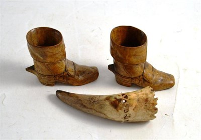 Lot 300 - A pair of treen riding boots and carved horn