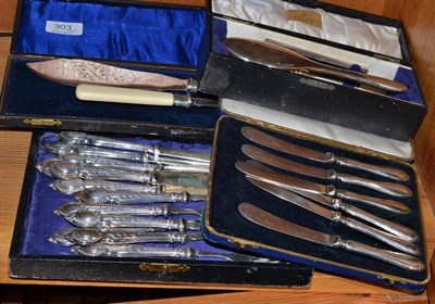 Lot 303 - A set of six silver handled fish knives and forks, a cased silver backed hairbrush and comb, a...