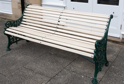 Lot 1131 - A Slatted Garden Bench with Green Painted Cast...