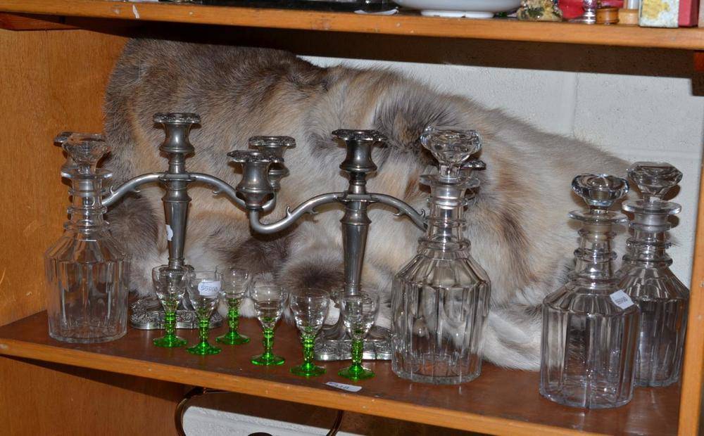 Lot 318 - Four 19th century mallet decanters and stoppers, set of six liqueur glasses, a reindeer skin...