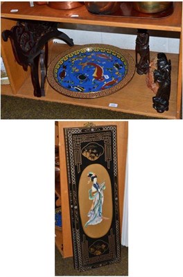 Lot 320 - Cloisonné charger, two carved figures, soapstone vase and two panels