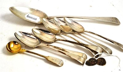 Lot 343 - A Georgian silver table spoon, six old English pattern tea spoons, a salt spoon and a pair of...