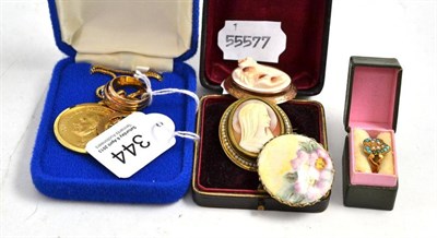 Lot 344 - A cameo brooch with 9ct gold mount, another, an 18ct gold pendant, a 9ct gold pendant, two 9ct gold