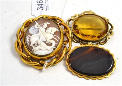 Lot 346 - Large cameo brooch, agate brooch and citrine brooch