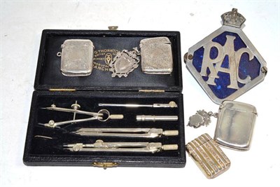 Lot 352 - Four vestas (three silver), RAC badge and drawing instruments