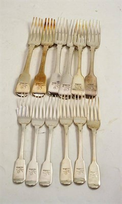 Lot 354 - A set of six matched fiddle pattern table forks and a matched set of six dessert forks with a...