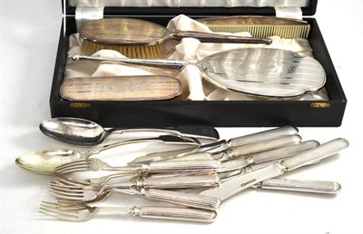 Lot 355 - A cased four piece dressing table set, six fish knives and forks and two spoons