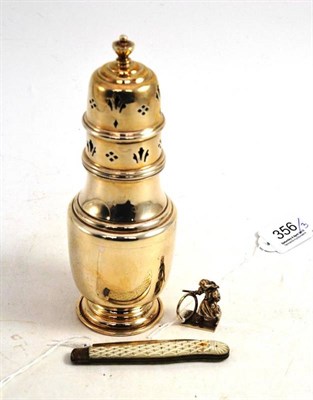 Lot 356 - A silver sugar caster, a fruit knife and a figural silver menu card holder (3)