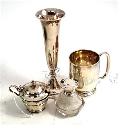 Lot 361 - Silver christening mug, silver mustard, silver topped scent and a Continental white metal bud vase