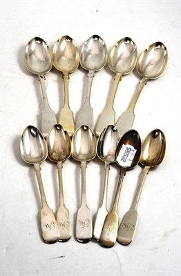 Lot 365 - Five silver fiddle pattern dessert spoons and six teaspoons