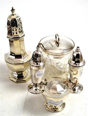 Lot 367 - A silver sugar caster, pair of silver salt and pepper pots, silver mustard with spoon and glass...