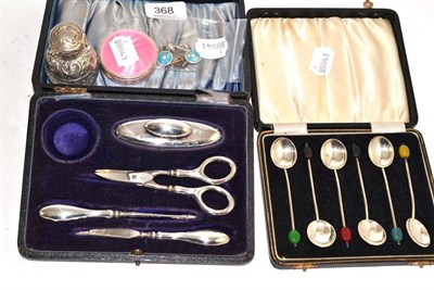 Lot 368 - A silver manicure set (one piece missing), silver and enamel buttons, silver coffee bean...