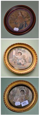 Lot 400 - A pair of 19th century silk oval pictures depicting a boy and girl and another framed (3)